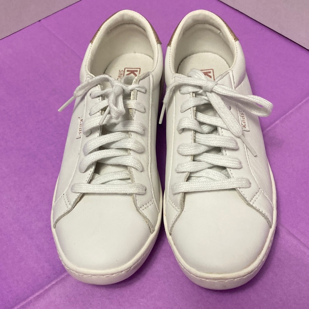 keds womens orthlite white leather sneakers casual metallic rose gold heel 7 1/2 - Picture 1 of 10